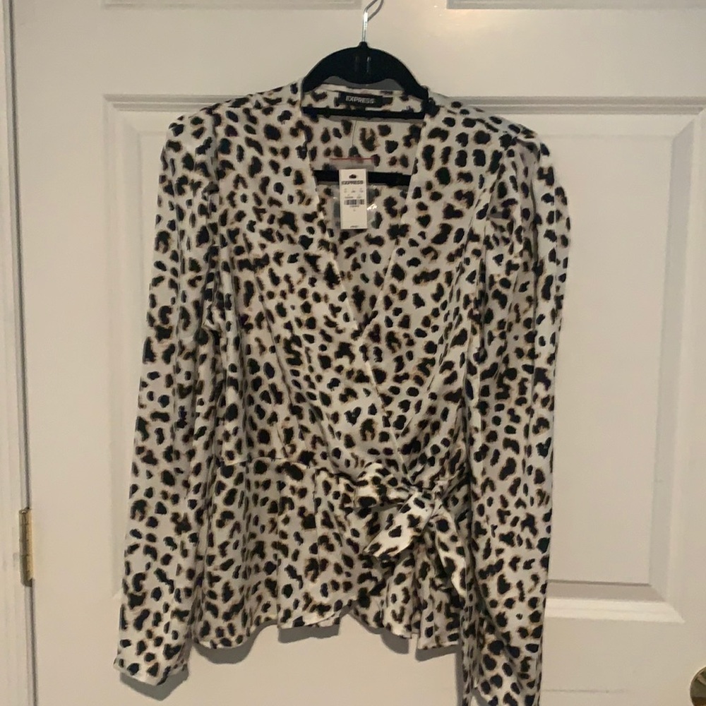 Express faux wrap blouse white leopard